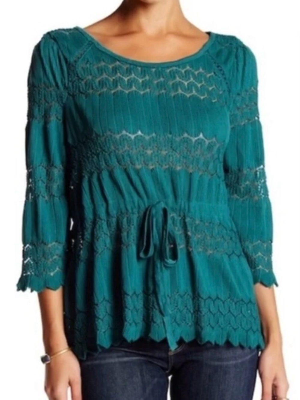 FP Fire Island Green Crochet Lace 3/4 Sleeve Blouse XS Drawstring Waist Boho - Picture 1 of 7